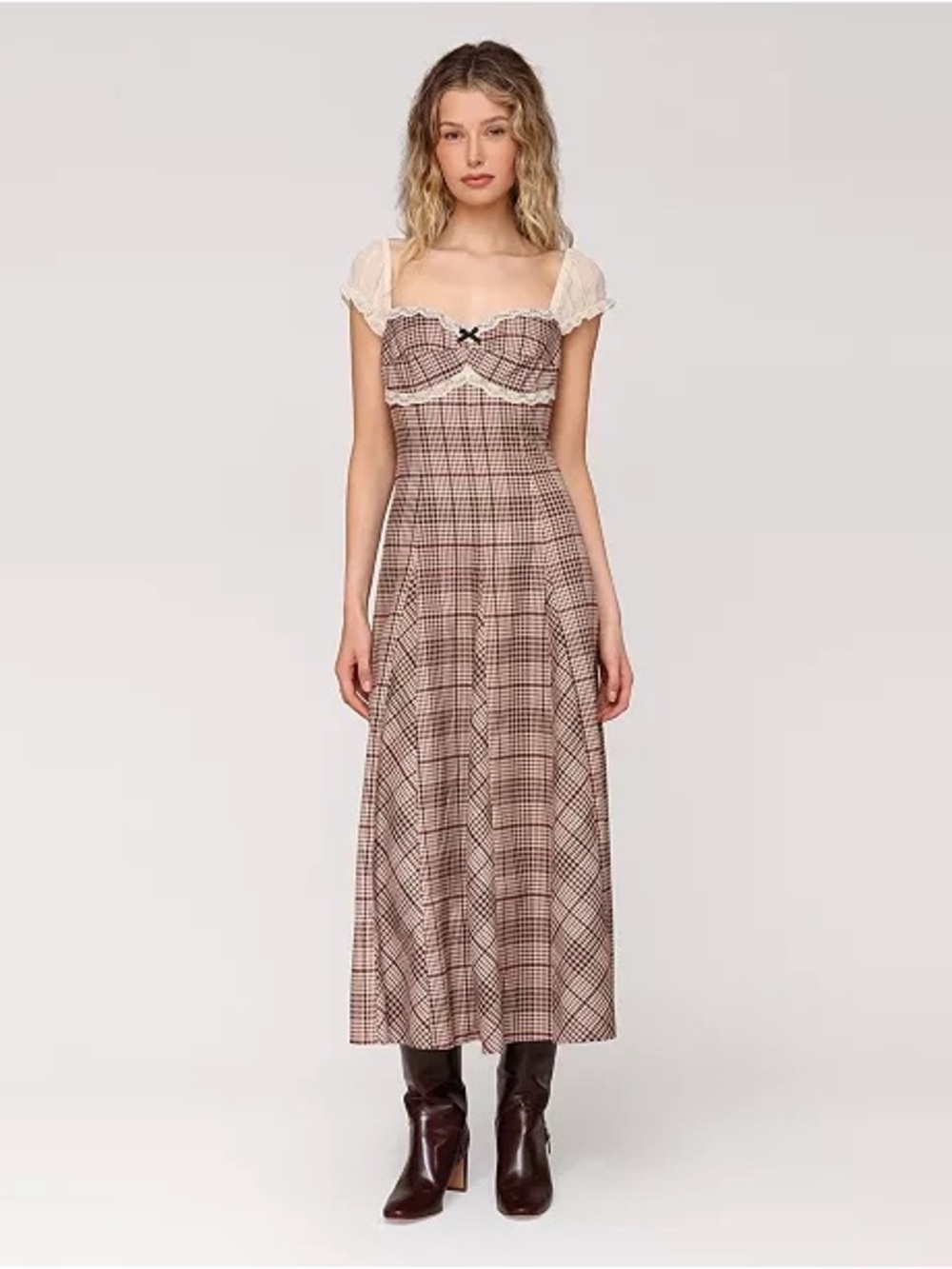 Brown Plaid Puff-Sleeve Maxi Dress with Lace Trim - Picture 6 of 8
